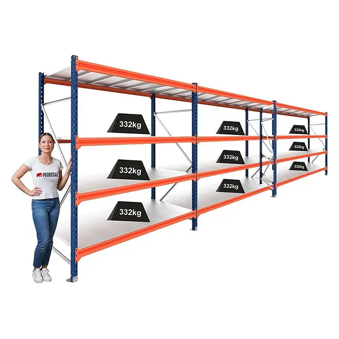 Proregal Schwerlastregal DOMINUS 3er Set mit Stahlplatten - H x B x T: 300 x 240 x 80 cm, Traglast pro Boden: 332 kg, Anzahl Böden: 4 Stk., Stecken, Blau/Orange