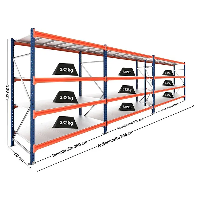 Proregal Schwerlastregal DOMINUS 3er Set mit Stahlplatten - H x B x T: 300 x 240 x 80 cm, Traglast pro Boden: 332 kg, Anzahl Böden: 4 Stk., Stecken, Blau/Orange