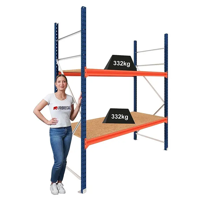 Proregal Schwerlastregal Grundregal DOMINUS mit Spanplatten - H x B x T: 300 x 240 x 100 cm, Traglast pro Boden: 332 kg, Anzahl Böden: 2 Stk., Stecken, Blau/Orange