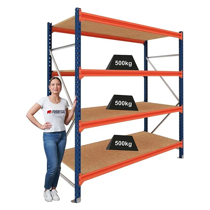 Proregal Schwerlastregal Grundregal DOMINUS mit Spanplatten - H x B x T: 300 x 150 x 80 cm, Traglast pro Boden: 500 kg, Anzahl Böden: 4 Stk., Stecken, Blau/Orange