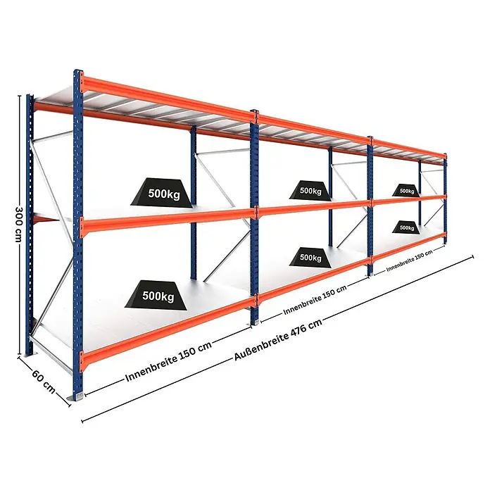 Proregal Schwerlastregal DOMINUS 3er Set mit Stahlplatten - H x B x T: 300 x 150 x 60 cm, Traglast pro Boden: 500 kg, Anzahl Böden: 3 Stk., Stecken, Blau/Orange