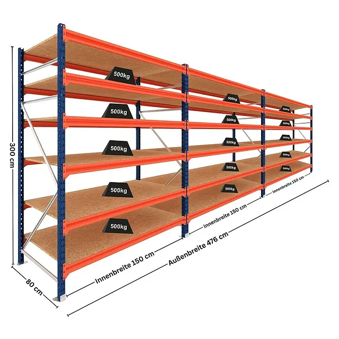 Proregal Schwerlastregal DOMINUS 3er Set mit Spanplatten - H x B x T: 300 x 150 x 80 cm, Traglast pro Boden: 500 kg, Anzahl Böden: 6 Stk., Stecken, Blau/Orange