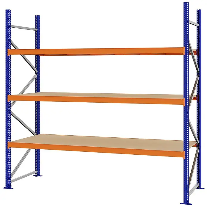 Proregal Schwerlastregal Weitspannregal MAGNUS PRO mit Spanplatten - H x B x T: 250 x 250 x 80 cm, Traglast pro Boden: 430 kg, Anzahl Böden: 3 Stk., Schrauben, Blau-Orange