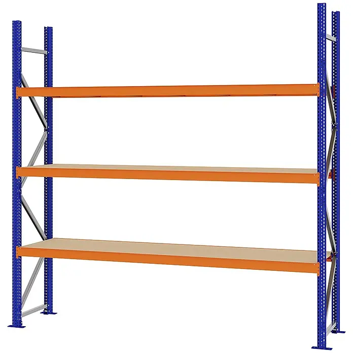 Proregal Schwerlastregal Weitspannregal MAGNUS PRO mit Spanplatten - H x B x T: 250 x 250 x 50 cm, Traglast pro Boden: 430 kg, Anzahl Böden: 3 Stk., Schrauben, Blau-Orange