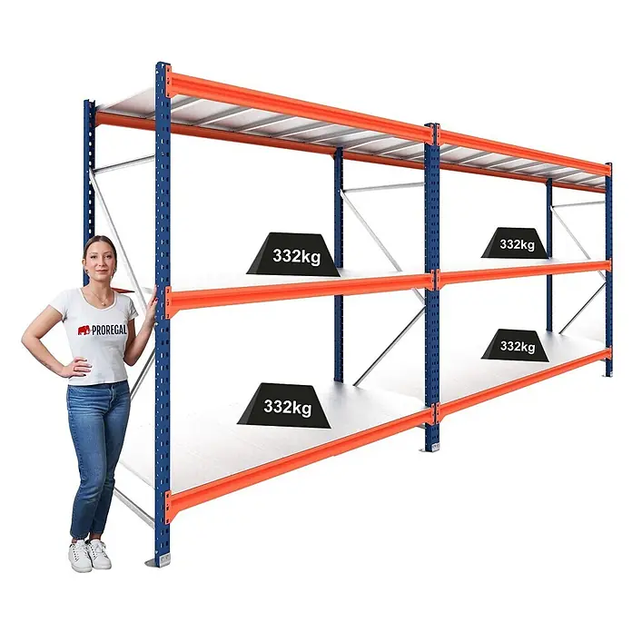 Proregal Schwerlastregal DOMINUS 2er Set mit Stahlplatten - H x B x T: 300 x 240 x 80 cm, Traglast pro Boden: 332 kg, Anzahl Böden: 3 Stk., Stecken, Blau/Orange