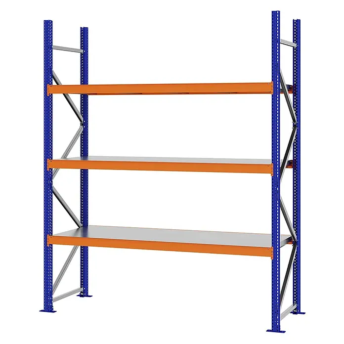 Proregal Schwerlastregal Weitspannregal MAGNUS PRO mit Stahlboden - H x B x T: 250 x 200 x 60 cm, Traglast pro Boden: 600 kg, Anzahl Böden: 3 Stk., Schrauben, Blau-Orange