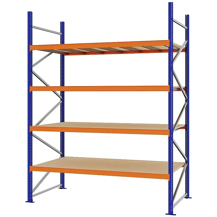 Proregal Schwerlastregal Weitspannregal MAGNUS PRO mit Spanplatten - H x B x T: 300 x 225 x 100 cm, Traglast pro Boden: 520 kg, Anzahl Böden: 4 Stk., Schrauben, Blau-Orange