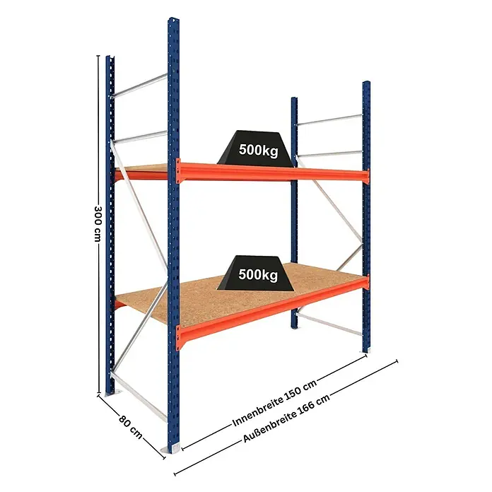 Proregal Schwerlastregal Grundregal DOMINUS mit Spanplatten - H x B x T: 300 x 150 x 80 cm, Traglast pro Boden: 500 kg, Anzahl Böden: 2 Stk., Stecken, Blau/Orange