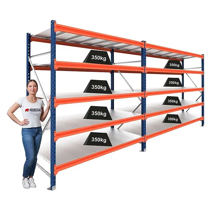 Proregal Schwerlastregal DOMINUS 2er Set mit Stahlplatten - H x B x T: 300 x 195 x 60 cm, Traglast pro Boden: 350 kg, Anzahl Böden: 5 Stk., Stecken, Blau/Orange