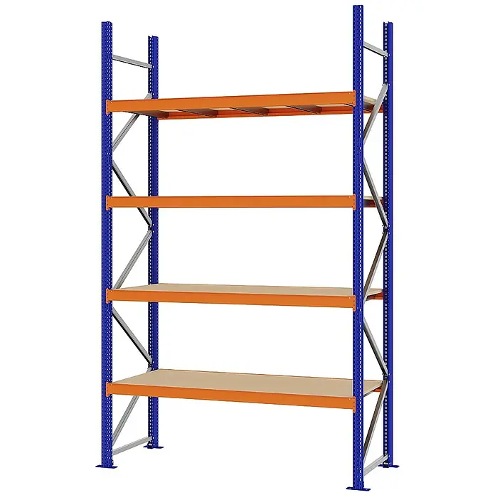 Proregal Schwerlastregal Weitspannregal MAGNUS PRO mit Spanplatten - H x B x T: 300 x 175 x 60 cm, Traglast pro Boden: 700 kg, Anzahl Böden: 4 Stk., Schrauben, Blau-Orange