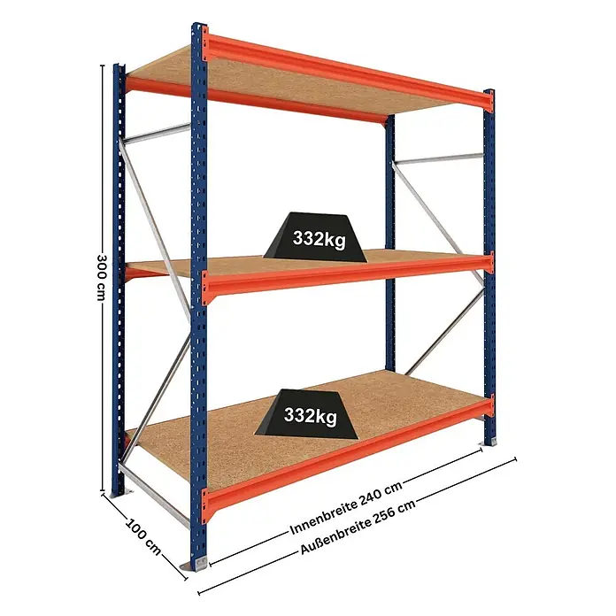 Proregal Schwerlastregal Grundregal DOMINUS mit Spanplatten - H x B x T: 300 x 240 x 100 cm, Traglast pro Boden: 332 kg, Anzahl Böden: 3 Stk., Stecken, Blau/Orange