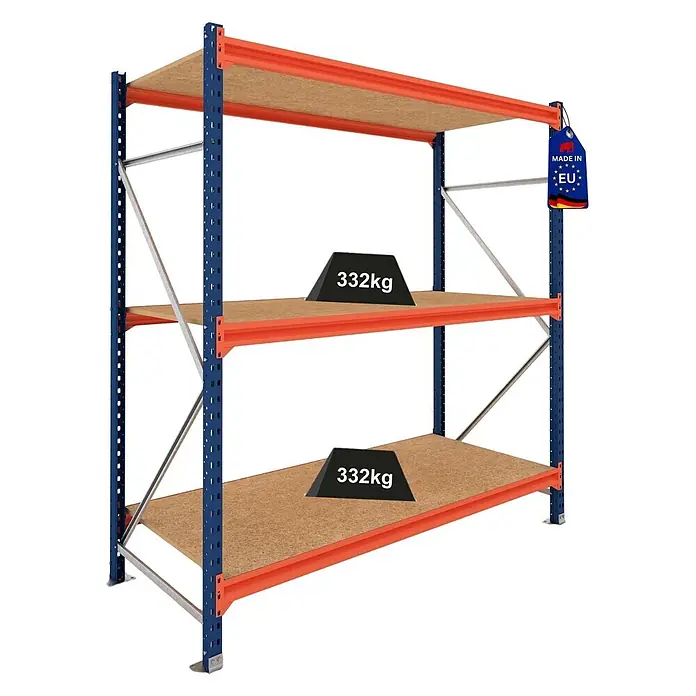 Proregal Schwerlastregal Grundregal DOMINUS mit Spanplatten - H x B x T: 300 x 240 x 100 cm, Traglast pro Boden: 332 kg, Anzahl Böden: 3 Stk., Stecken, Blau/Orange