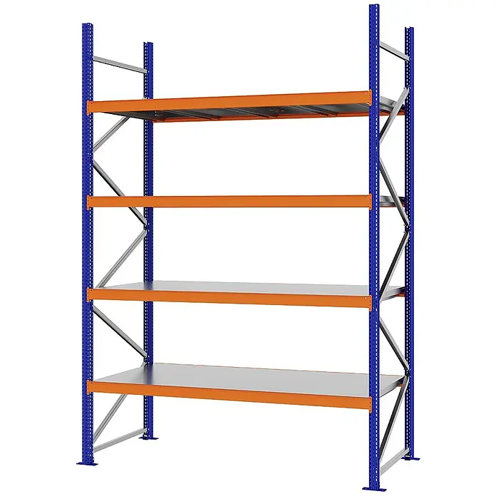 Proregal Schwerlastregal Weitspannregal MAGNUS PRO mit Stahlboden - H x B x T: 300 x 200 x 80 cm, Traglast pro Boden: 600 kg, Anzahl Böden: 4 Stk., Schrauben, Blau-Orange