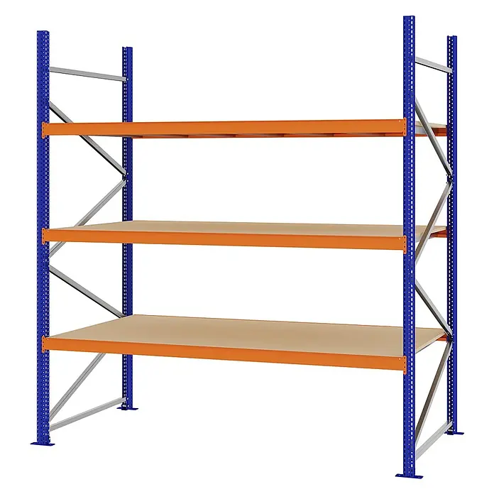 Proregal Schwerlastregal Weitspannregal MAGNUS PRO mit Spanplatten - H x B x T: 250 x 225 x 100 cm, Traglast pro Boden: 520 kg, Anzahl Böden: 3 Stk., Schrauben, Blau-Orange