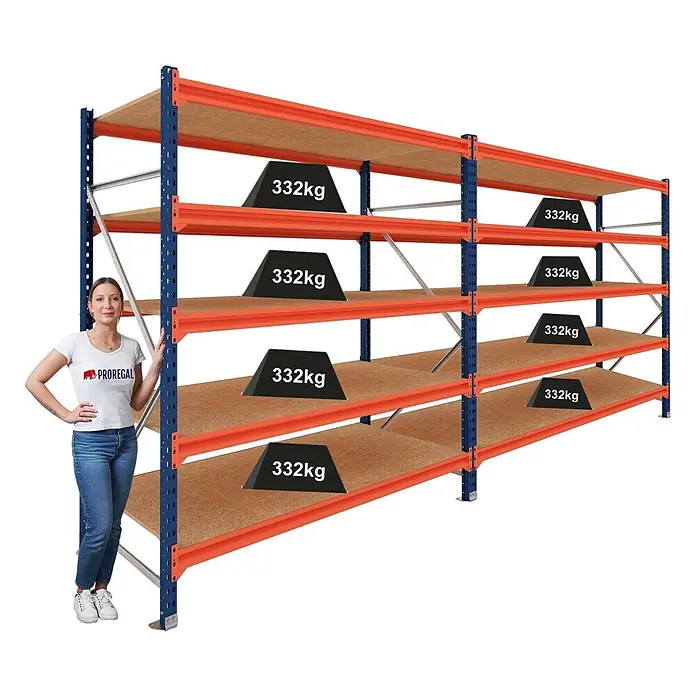 Proregal Schwerlastregal DOMINUS 2er Set mit Spanplatten - H x B x T: 300 x 240 x 100 cm, Traglast pro Boden: 332 kg, Anzahl Böden: 5 Stk., Stecken, Blau/Orange
