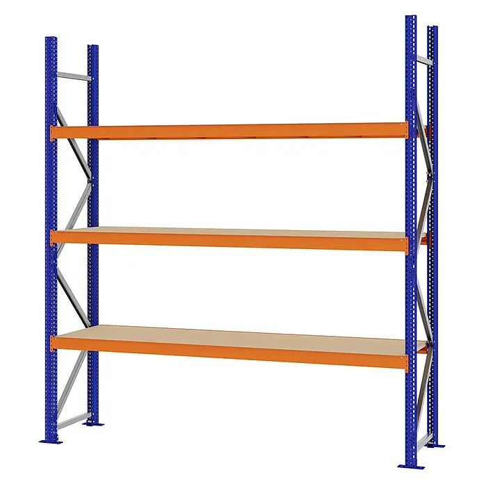 Proregal Schwerlastregal Weitspannregal MAGNUS PRO mit Spanplatten - H x B x T: 250 x 225 x 50 cm, Traglast pro Boden: 520 kg, Anzahl Böden: 3 Stk., Schrauben, Blau-Orange
