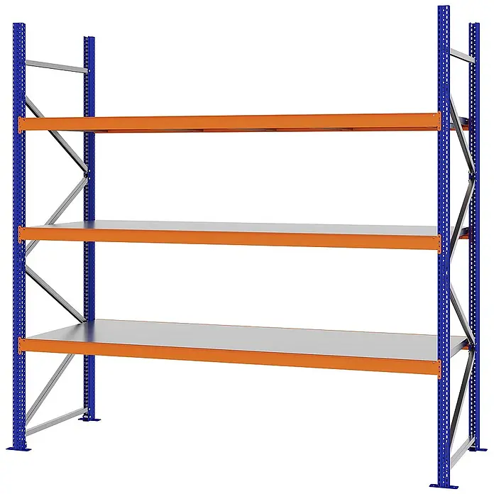 Proregal Schwerlastregal Weitspannregal MAGNUS PRO mit Stahlboden - H x B x T: 250 x 250 x 80 cm, Traglast pro Boden: 430 kg, Anzahl Böden: 3 Stk., Schrauben, Blau-Orange