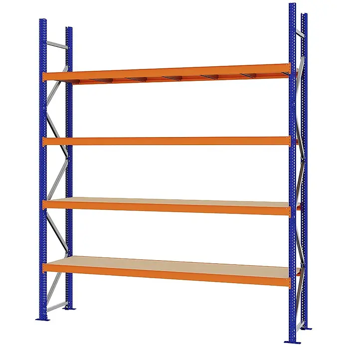 Proregal Schwerlastregal Weitspannregal MAGNUS PRO mit Spanplatten - H x B x T: 300 x 250 x 50 cm, Traglast pro Boden: 430 kg, Anzahl Böden: 4 Stk., Schrauben, Blau-Orange