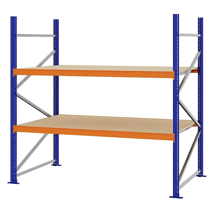 Proregal Schwerlastregal Weitspannregal MAGNUS PRO mit Spanplatten - H x B x T: 200 x 200 x 100 cm, Traglast pro Boden: 600 kg, Anzahl Böden: 2 Stk., Schrauben, Blau-Orange