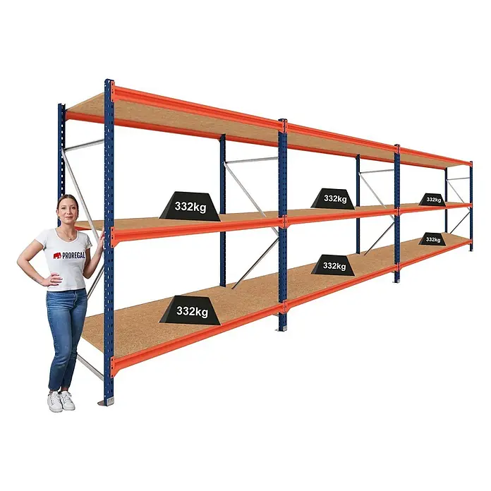 Proregal Schwerlastregal DOMINUS 3er Set mit Spanplatten - H x B x T: 300 x 240 x 40 cm, Traglast pro Boden: 332 kg, Anzahl Böden: 3 Stk., Stecken, Blau/Orange