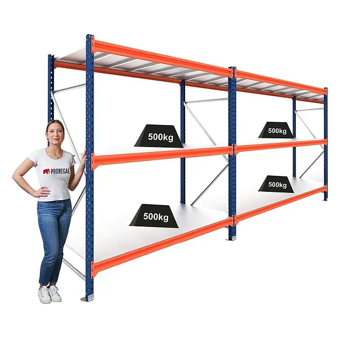 Proregal Schwerlastregal DOMINUS 2er Set mit Stahlplatten - H x B x T: 300 x 150 x 40 cm, Traglast pro Boden: 500 kg, Anzahl Böden: 3 Stk., Stecken, Blau/Orange