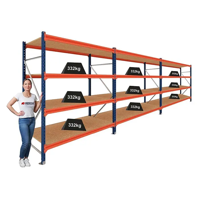 Proregal Schwerlastregal DOMINUS 3er Set mit Spanplatten - H x B x T: 300 x 240 x 100 cm, Traglast pro Boden: 332 kg, Anzahl Böden: 4 Stk., Stecken, Blau/Orange