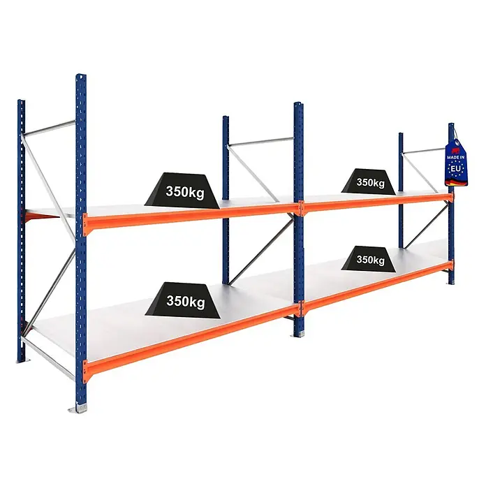 Proregal Schwerlastregal DOMINUS 2er Set mit Stahlplatten - H x B x T: 300 x 195 x 60 cm, Traglast pro Boden: 350 kg, Anzahl Böden: 2 Stk., Stecken, Blau/Orange