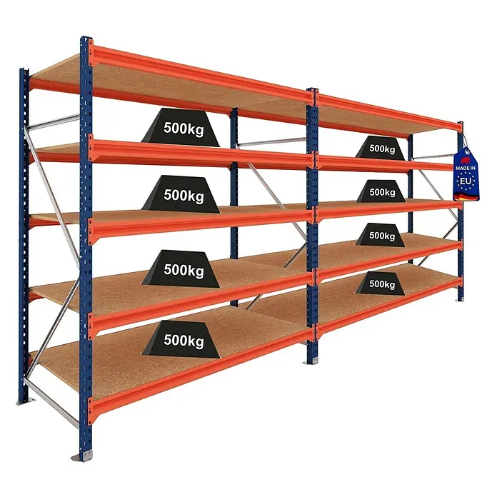 Proregal Schwerlastregal DOMINUS 2er Set mit Spanplatten - H x B x T: 300 x 150 x 100 cm, Traglast pro Boden: 500 kg, Anzahl Böden: 5 Stk., Stecken, Blau/Orange