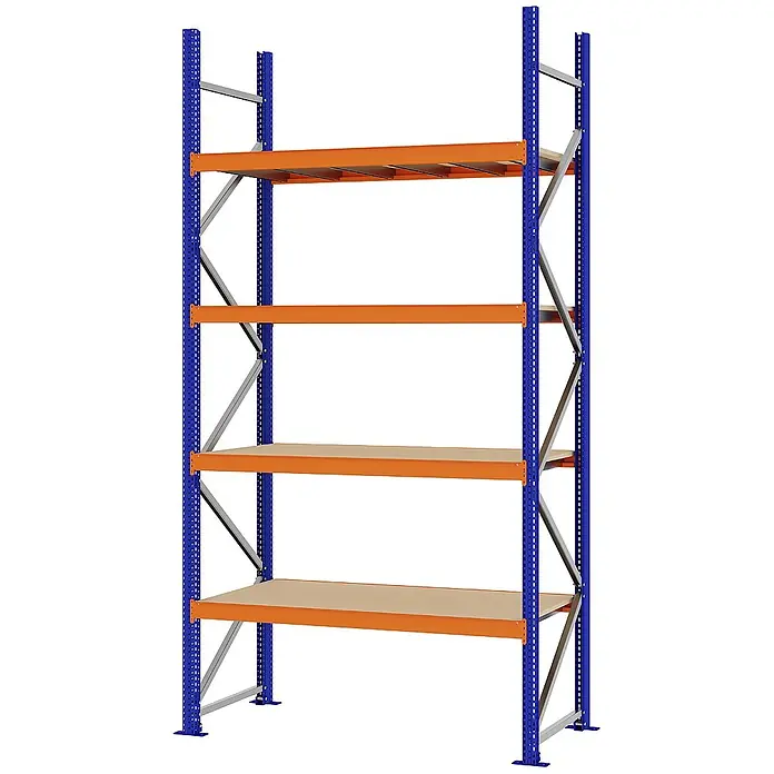 Proregal Schwerlastregal Weitspannregal MAGNUS PRO mit Spanplatten - H x B x T: 300 x 150 x 60 cm, Traglast pro Boden: 750 kg, Anzahl Böden: 4 Stk., Schrauben, Blau-Orange