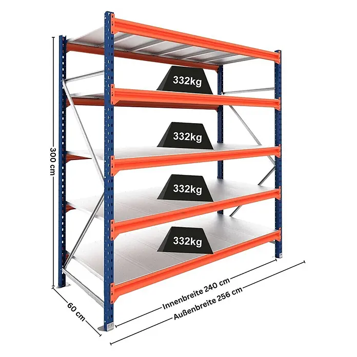 Proregal Schwerlastregal Grundregal DOMINUS mit Stahlplatten - H x B x T: 300 x 240 x 60 cm, Traglast pro Boden: 332 kg, Anzahl Böden: 5 Stk., Stecken, Blau/Orange