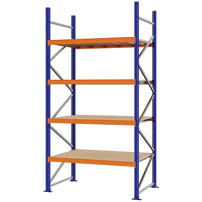 Proregal Schwerlastregal Weitspannregal MAGNUS PRO mit Spanplatten - H x B x T: 300 x 150 x 80 cm, Traglast pro Boden: 750 kg, Anzahl Böden: 4 Stk., Schrauben, Blau-Orange