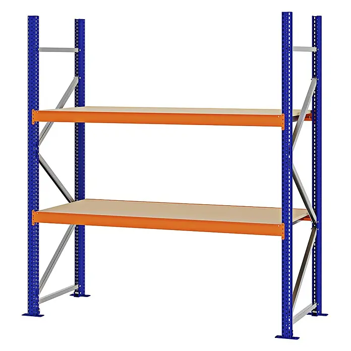 Proregal Schwerlastregal Weitspannregal MAGNUS PRO mit Spanplatten - H x B x T: 200 x 175 x 60 cm, Traglast pro Boden: 700 kg, Anzahl Böden: 2 Stk., Schrauben, Blau-Orange