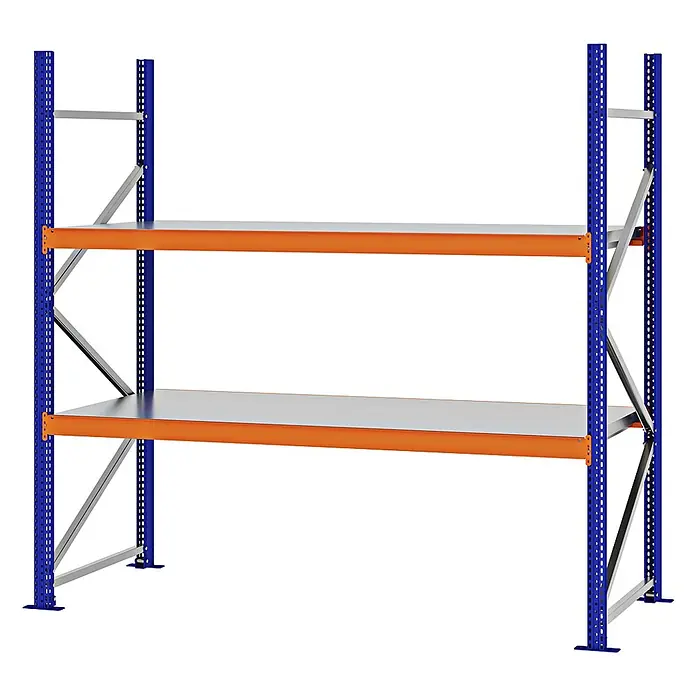 Proregal Schwerlastregal Weitspannregal MAGNUS PRO mit Stahlboden - H x B x T: 200 x 200 x 80 cm, Traglast pro Boden: 600 kg, Anzahl Böden: 2 Stk., Schrauben, Blau-Orange