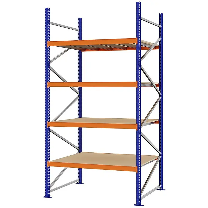 Proregal Schwerlastregal Weitspannregal MAGNUS PRO mit Spanplatten - H x B x T: 300 x 150 x 100 cm, Traglast pro Boden: 750 kg, Anzahl Böden: 4 Stk., Schrauben, Blau-Orange