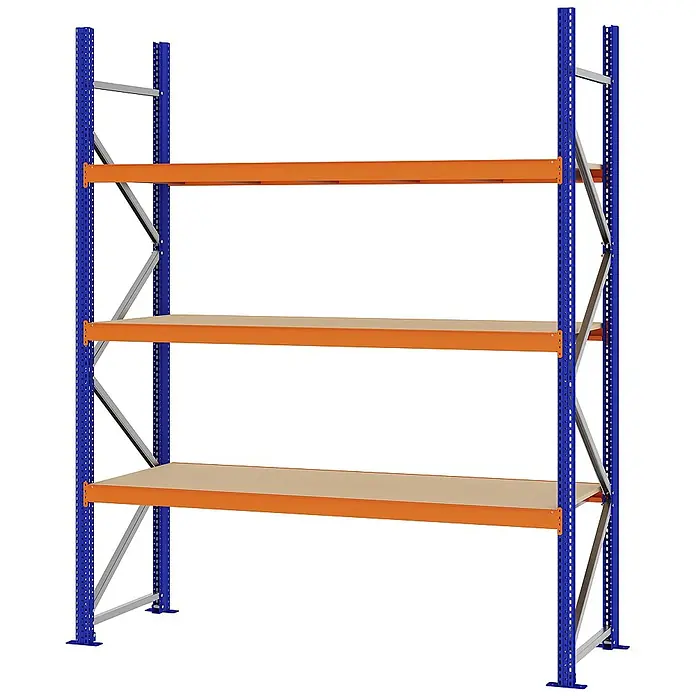 Proregal Schwerlastregal Weitspannregal MAGNUS PRO mit Spanplatten - H x B x T: 250 x 200 x 60 cm, Traglast pro Boden: 600 kg, Anzahl Böden: 3 Stk., Schrauben, Blau-Orange