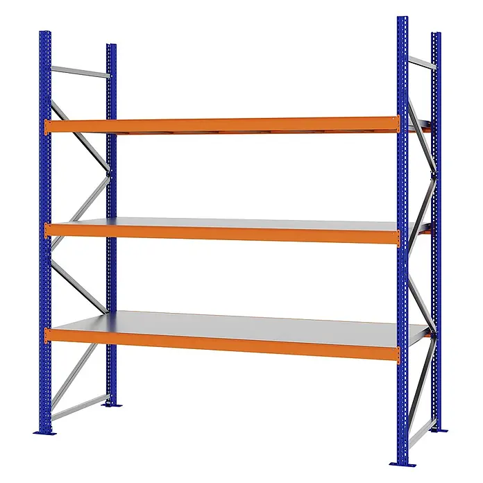 Proregal Schwerlastregal Weitspannregal MAGNUS PRO mit Stahlboden - H x B x T: 250 x 225 x 80 cm, Traglast pro Boden: 520 kg, Anzahl Böden: 3 Stk., Schrauben, Blau-Orange