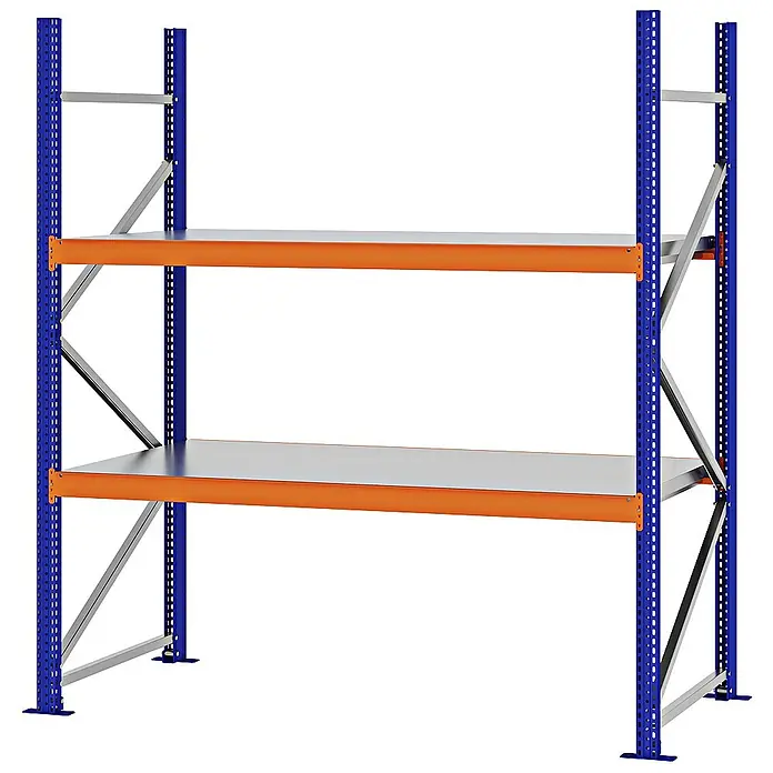 Proregal Schwerlastregal Weitspannregal MAGNUS PRO mit Stahlboden - H x B x T: 200 x 175 x 80 cm, Traglast pro Boden: 700 kg, Anzahl Böden: 2 Stk., Schrauben, Blau-Orange
