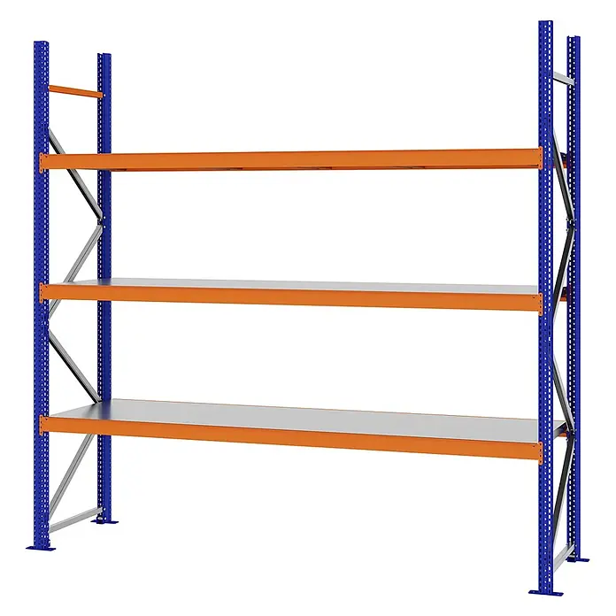 Proregal Schwerlastregal Weitspannregal MAGNUS PRO mit Stahlboden - H x B x T: 250 x 250 x 60 cm, Traglast pro Boden: 430 kg, Anzahl Böden: 3 Stk., Schrauben, Blau-Orange