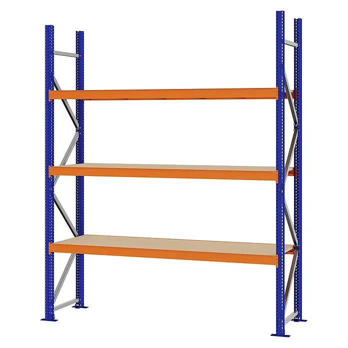 Proregal Schwerlastregal Weitspannregal MAGNUS PRO mit Spanplatten - H x B x T: 250 x 200 x 50 cm, Traglast pro Boden: 600 kg, Anzahl Böden: 3 Stk., Schrauben, Blau-Orange