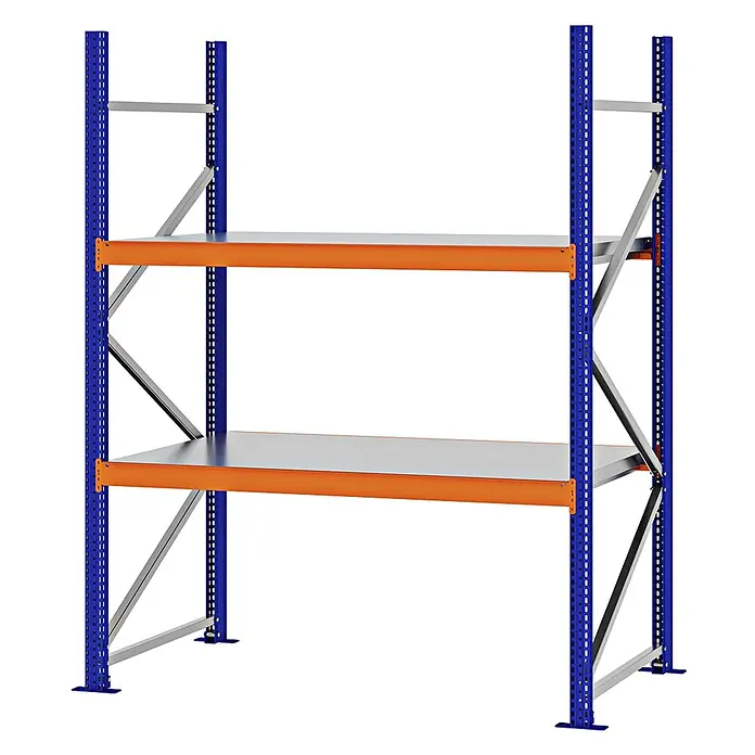 Proregal Schwerlastregal Weitspannregal MAGNUS PRO mit Stahlboden - H x B x T: 200 x 150 x 80 cm, Traglast pro Boden: 750 kg, Anzahl Böden: 2 Stk., Schrauben, Blau-Orange