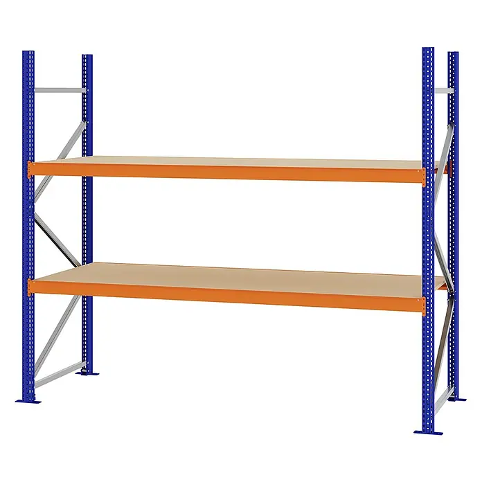 Proregal Schwerlastregal Weitspannregal MAGNUS PRO mit Spanplatten - H x B x T: 200 x 225 x 80 cm, Traglast pro Boden: 520 kg, Anzahl Böden: 2 Stk., Schrauben, Blau-Orange