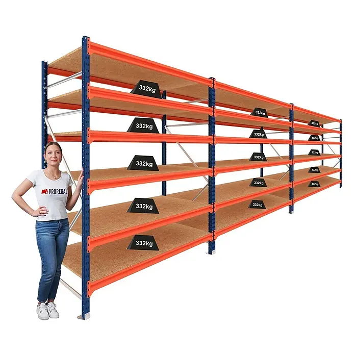Proregal Schwerlastregal DOMINUS 3er Set mit Spanplatten - H x B x T: 300 x 240 x 80 cm, Traglast pro Boden: 332 kg, Anzahl Böden: 6 Stk., Stecken, Blau/Orange