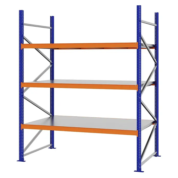 Proregal Schwerlastregal Weitspannregal MAGNUS PRO mit Stahlboden - H x B x T: 250 x 200 x 100 cm, Traglast pro Boden: 600 kg, Anzahl Böden: 3 Stk., Schrauben, Blau-Orange
