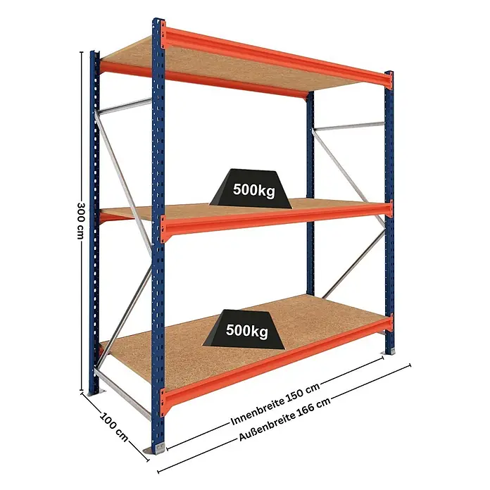 Proregal Schwerlastregal Grundregal DOMINUS mit Spanplatten - H x B x T: 300 x 150 x 100 cm, Traglast pro Boden: 500 kg, Anzahl Böden: 3 Stk., Stecken, Blau/Orange