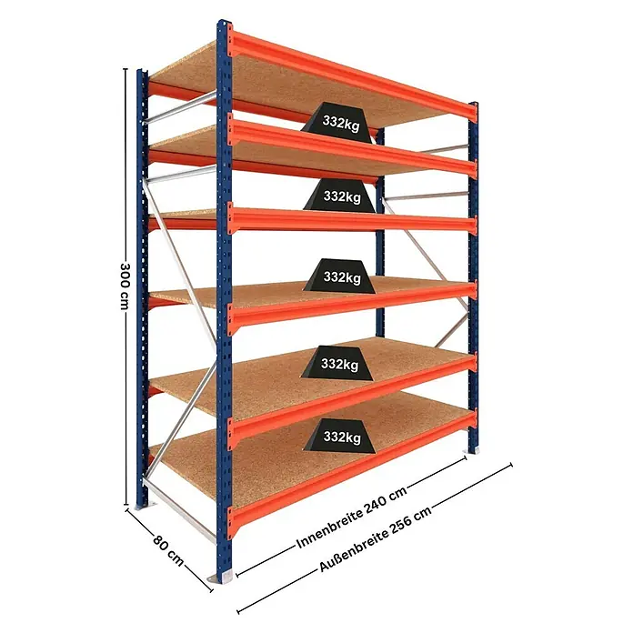 Proregal Schwerlastregal Grundregal DOMINUS mit Spanplatten - H x B x T: 300 x 240 x 80 cm, Traglast pro Boden: 332 kg, Anzahl Böden: 6 Stk., Stecken, Blau/Orange