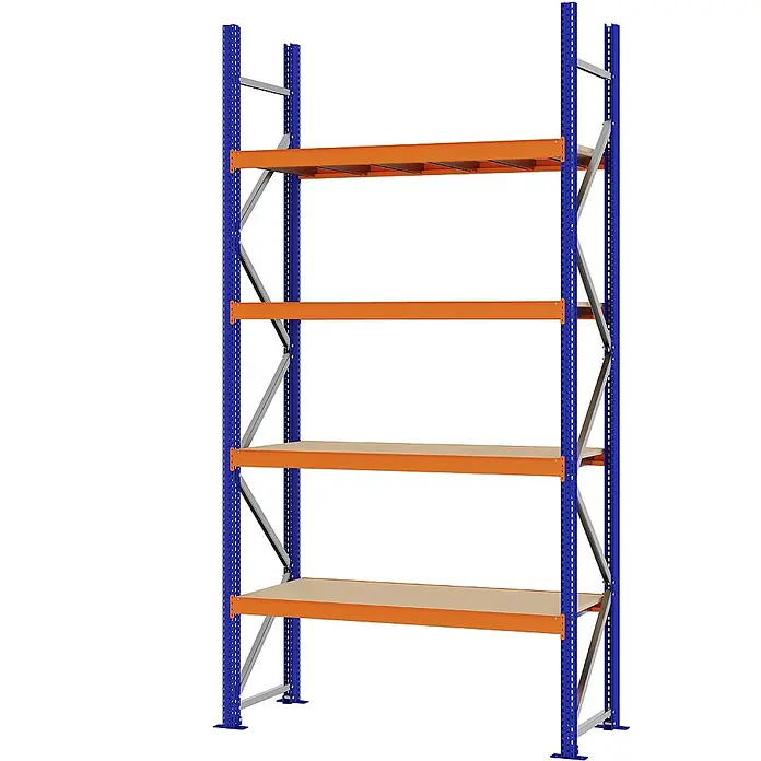 Proregal Schwerlastregal Weitspannregal MAGNUS PRO mit Spanplatten - H x B x T: 300 x 150 x 50 cm, Traglast pro Boden: 750 kg, Anzahl Böden: 4 Stk., Schrauben, Blau-Orange
