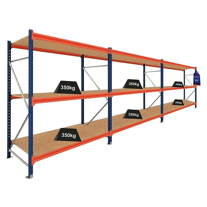Proregal Schwerlastregal DOMINUS 3er Set mit Spanplatten - H x B x T: 300 x 195 x 60 cm, Traglast pro Boden: 350 kg, Anzahl Böden: 3 Stk., Stecken, Blau/Orange