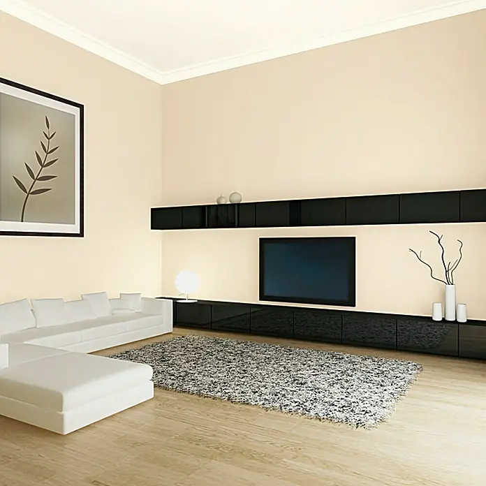 swingcolor Soft Colors Wandfarbe - Beach, Matt, 10 l - Wohnzimmer mit weißem Sofa und schwarzem Mediaschrank. Der stilvolle, minimalistische Raum verfügt über einen Teppich und helle Holzböden.