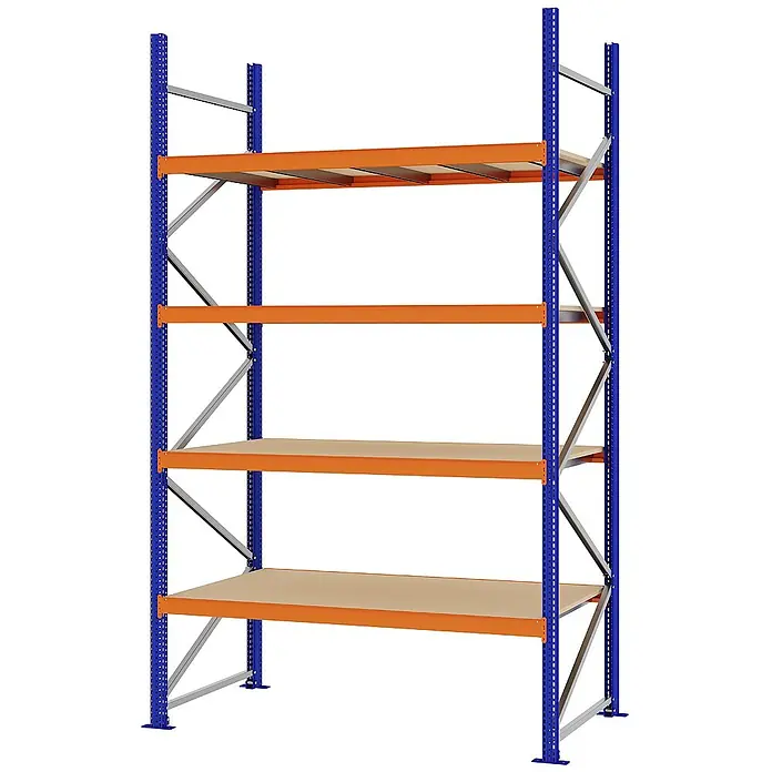 Proregal Schwerlastregal Weitspannregal MAGNUS PRO mit Spanplatten - H x B x T: 300 x 175 x 80 cm, Traglast pro Boden: 700 kg, Anzahl Böden: 4 Stk., Schrauben, Blau-Orange