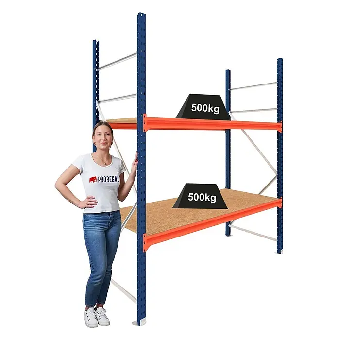 Proregal Schwerlastregal Grundregal DOMINUS mit Spanplatten - H x B x T: 300 x 150 x 40 cm, Traglast pro Boden: 500 kg, Anzahl Böden: 2 Stk., Stecken, Blau/Orange